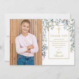 Tarjeta De Agradecimiento Primera Comunión Floral Foliage Foto Oro