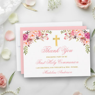 Tarjeta De Agradecimiento Primera Comunión Floral Rosa Acuarela Dorada