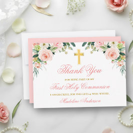 Tarjeta De Agradecimiento Primera Comunión Floral Rosa Blanca Acuarela Oro