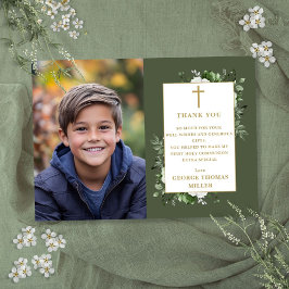 Tarjeta De Agradecimiento Primera Comunión floral verde oliva