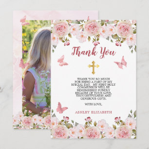 Tarjeta De Agradecimiento Primera comunión floral y mariposas rosa