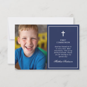 Tarjeta De Agradecimiento Primera Comunión Foto Azul Marino Elegante