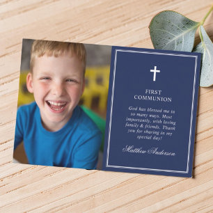 Tarjeta De Agradecimiento Primera Comunión Foto Azul Marino Elegante