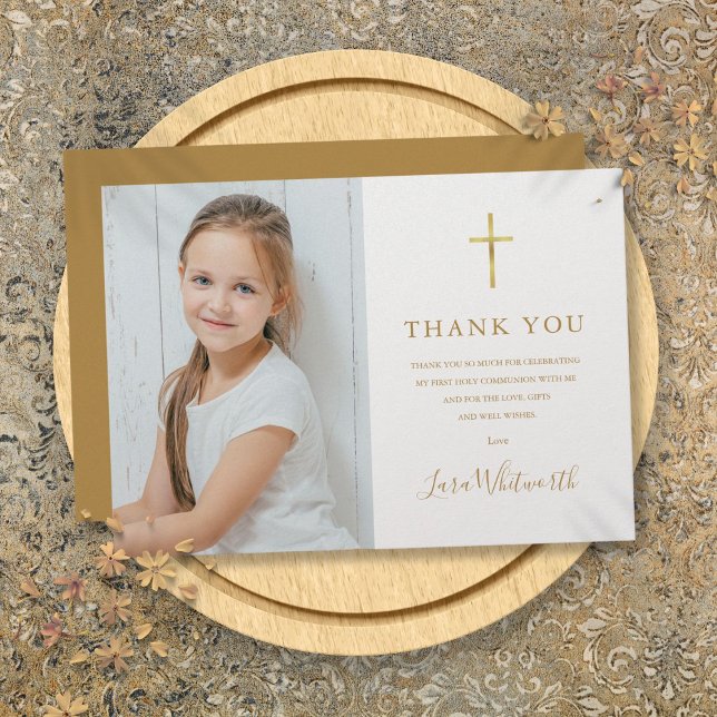Tarjeta De Agradecimiento Primera Comunión Foto Firma Dorada (Photo First Holy Communion Golden Signature Thank You Card)