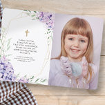 Tarjeta De Agradecimiento Primera Comunión | Foto Geométrica Floral Lilac<br><div class="desc">Este diseño está compuesto por Hydrangeas que simbolizan la más sentida gratitud. Las flores de lila están dispuestas junto con el marco geométrico falso dorado. Añadir una foto. Disponible aquí: http://www.zazzle.com/store/selectpartysupplies</div>