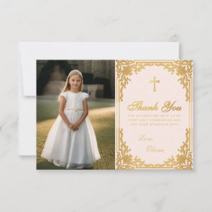 Tarjeta De Agradecimiento Primera Comunión Foto Vintage de Niña Rosa Dorado