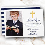 Tarjeta De Agradecimiento Primera Comunión Fotográfica Bandas Azules Oro<br><div class="desc">Elegante First Holy Communion Gracias Tarjeta con Cruz de Oro. Frente de la foto. Azul y blanco de la Marina se retiraron.</div>