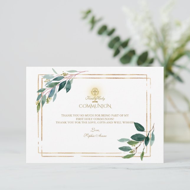 Tarjeta De Agradecimiento Primera Comunión Hojas de Eucalipto Dorado (Anverso de pie)