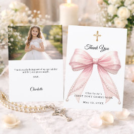 Tarjeta De Agradecimiento Primera Comunión lazo rosa perlas foto niña