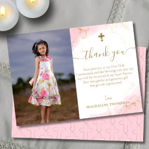 Tarjeta De Agradecimiento Primera Comunión Niña Cruz de Oro Rosa Foto