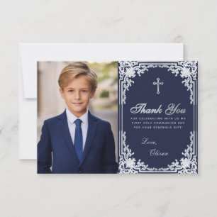 Tarjeta De Agradecimiento Primera Comunión Niño Azul Marino Antiguo Foto Cru