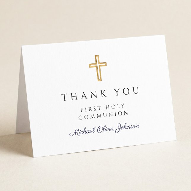 Tarjeta De Agradecimiento Primera Comunión Niño Azul Marino Elegante (Elegant Navy Blue Script Boy First Communion Thank You Card)