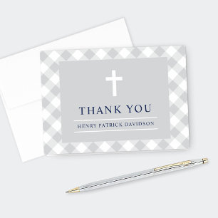 Tarjeta De Agradecimiento Primera Comunión niño cuadros gingham gris y azul 