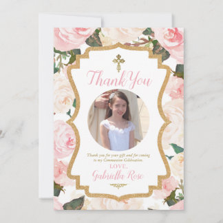 Tarjeta De Agradecimiento Primera Comunión o Bautizo Floral Rosa