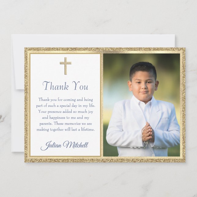 Tarjeta De Agradecimiento Primera Comunión Religiosa Cruz de Oro Niño (Anverso)