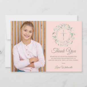 Tarjeta De Agradecimiento Primera Comunión Rosa Beige Foto Plata