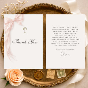 Tarjeta De Agradecimiento Primera Comunión Rosa Coquette Bow Niña