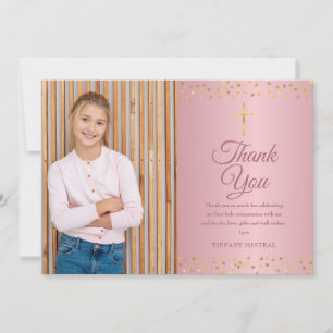 Tarjeta De Agradecimiento Primera Comunión Rosa Dorado Corazones
