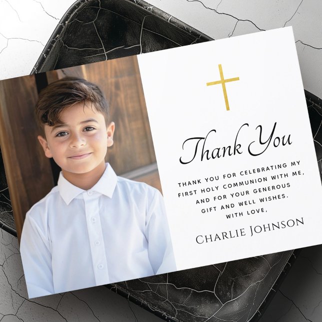 Tarjeta De Agradecimiento Primera comunión sagrada foto cruzada de gradiente (First holy communion golden gradient cross photo thank you card)