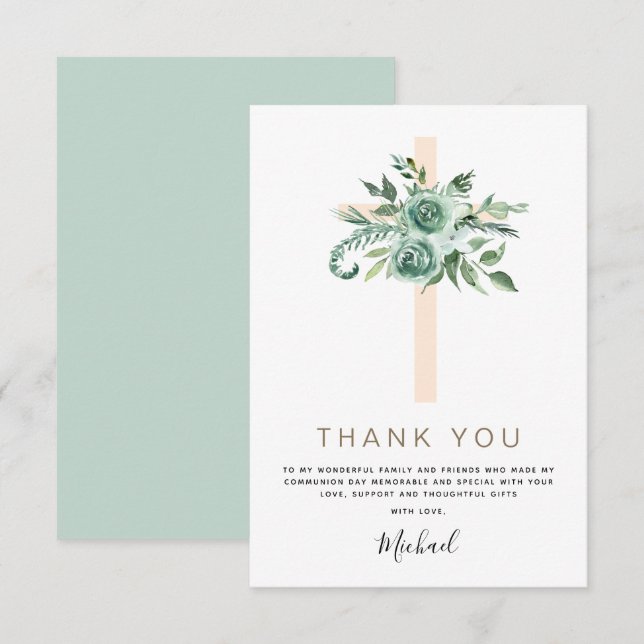 Tarjeta De Agradecimiento Primera Comunión Sagrada Gracias A Sage Eucalyptus (Anverso / Reverso)