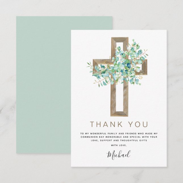 Tarjeta De Agradecimiento Primera Comunión Sagrada Gracias A Sage Eucalyptus (Anverso / Reverso)