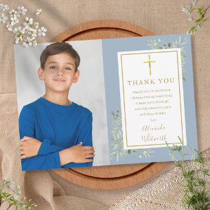 Tarjeta De Agradecimiento Primera Comunión Santa Foto Azul Polvoriento Verde