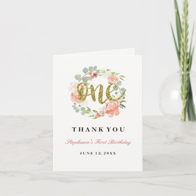 Tarjeta De Agradecimiento Primera corona floral de cumpleaños en rosa oro (Anverso)