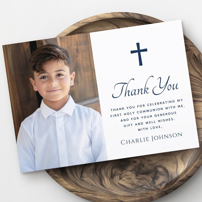 Tarjeta De Agradecimiento Primera cruz de la comunión sagrada foto azul oscu (First holy communion cross photo dark blue white thank you card)