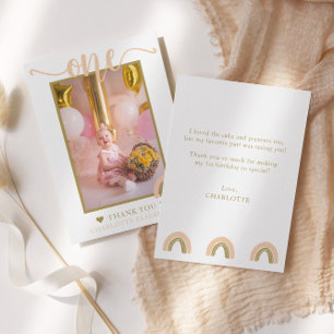 Tarjeta De Agradecimiento Primera Cumpleaños Boho Arcoíris Rosa Dorado Foto