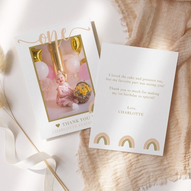 Tarjeta De Agradecimiento Primera Cumpleaños Boho Arcoíris Rosa Dorado Foto (Subido por el creador)