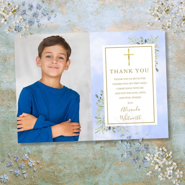 Tarjeta De Agradecimiento Primera foto de la Comunión Azul Verde (First Holy Communion Blue Greenery Photo Thank You Card)