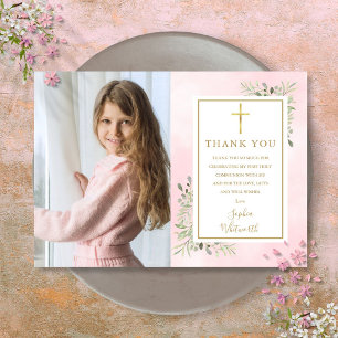 Tarjeta De Agradecimiento Primera foto de vegetación rosa de la comunión sag