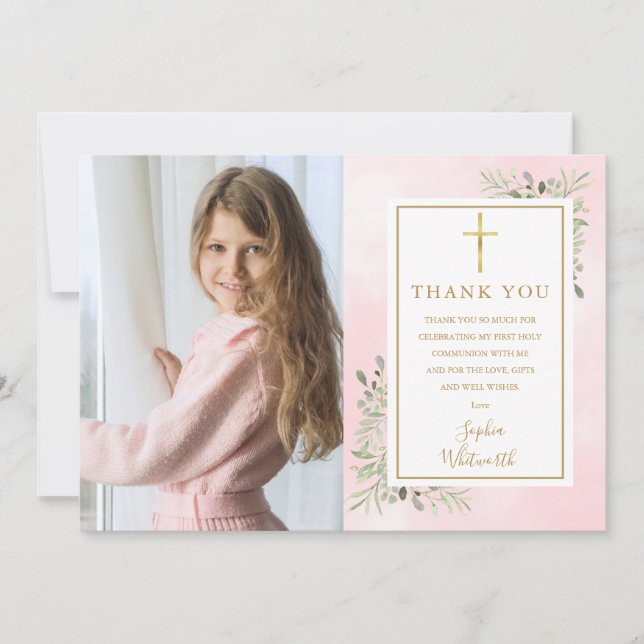 Tarjeta De Agradecimiento Primera foto de vegetación rosa de la comunión sag (Anverso)
