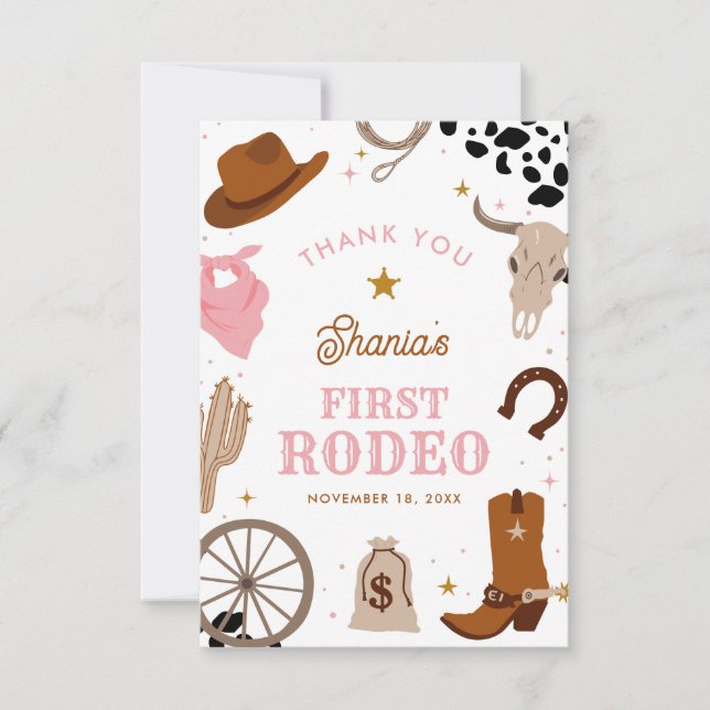 Tarjeta De Agradecimiento Primera Rodeo Western Girl Cumpleaños 1 (Anverso)