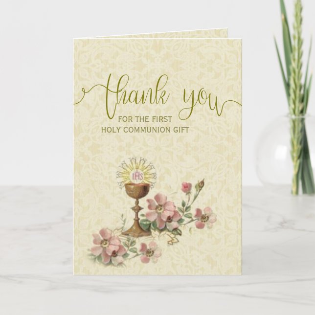 Tarjeta De Agradecimiento Primera Santa Comunión Católica Floral Gracias (Anverso)