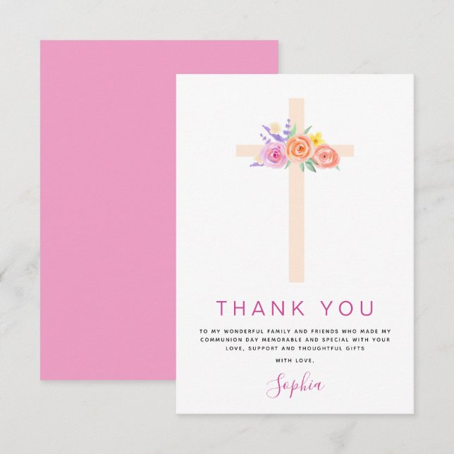 Tarjeta De Agradecimiento Primera Santa Comunión Gracias Rosa Floral (Anverso / Reverso)
