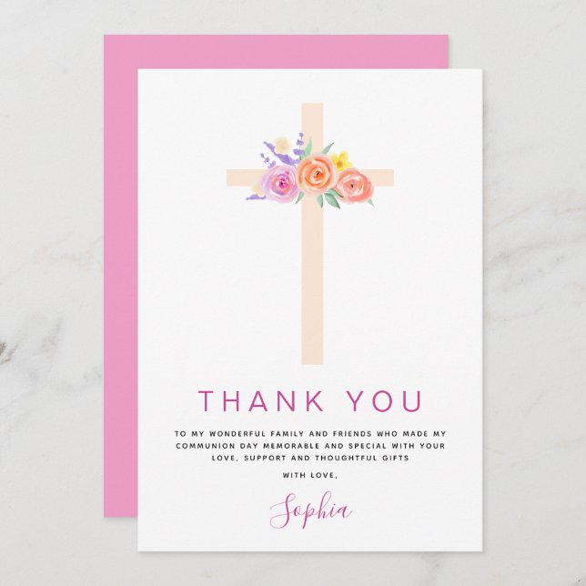 Tarjeta De Agradecimiento Primera Santa Comunión Gracias Rosa Floral (Anverso / Reverso)