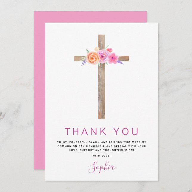 Tarjeta De Agradecimiento Primera Santa Comunión Gracias Rosa Floral (Anverso / Reverso)