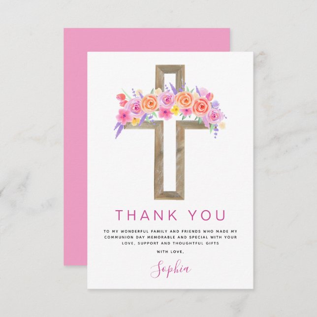 Tarjeta De Agradecimiento Primera Santa Comunión Gracias Rosa Floral (Anverso / Reverso)