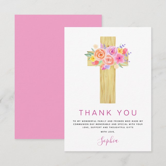 Tarjeta De Agradecimiento Primera Santa Comunión Gracias Rosa Floral (Anverso / Reverso)