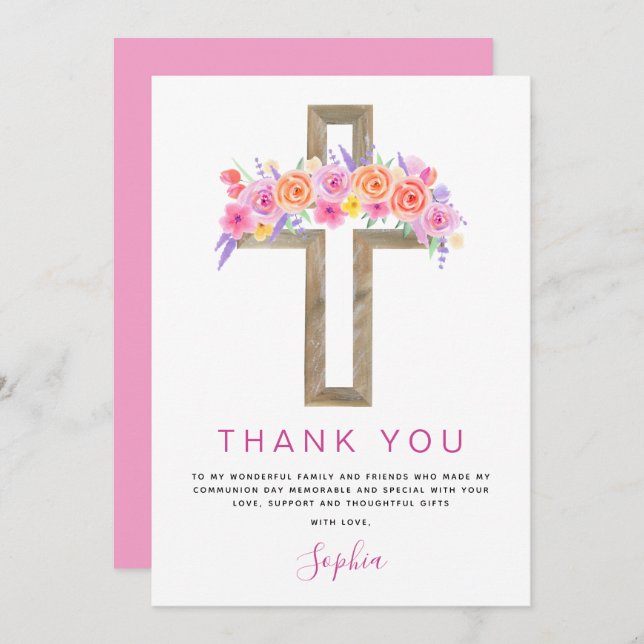 Tarjeta De Agradecimiento Primera Santa Comunión Gracias Rosa Floral (Anverso / Reverso)