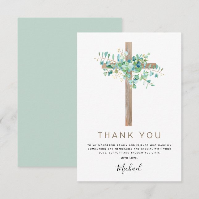 Tarjeta De Agradecimiento Primera Santa Comunión Gracias Sage Eucalyptus (Anverso / Reverso)