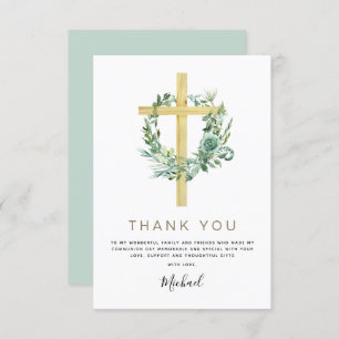 Tarjeta De Agradecimiento Primera Santa Comunión Gracias Verde Sage Invi