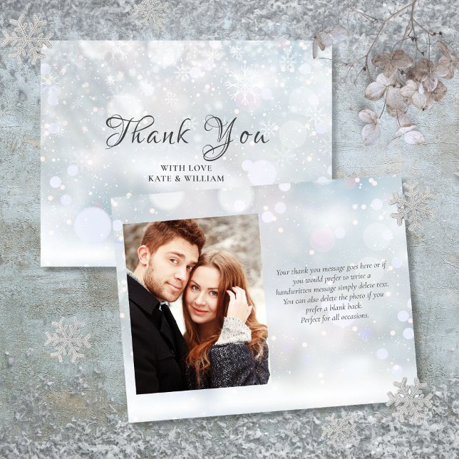 Tarjeta De Agradecimiento Primeros copos de nieve Script elegante Foto (First Winter Snowflakes Elegant Script Photo Thank You Card)