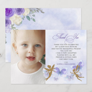 Tarjeta De Agradecimiento Primeros cumpleaños de las mariposas Purple Gold