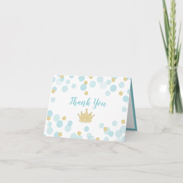 Tarjeta De Agradecimiento Prince Blue Gold Confetti Baby Shower Gracias (Anverso)