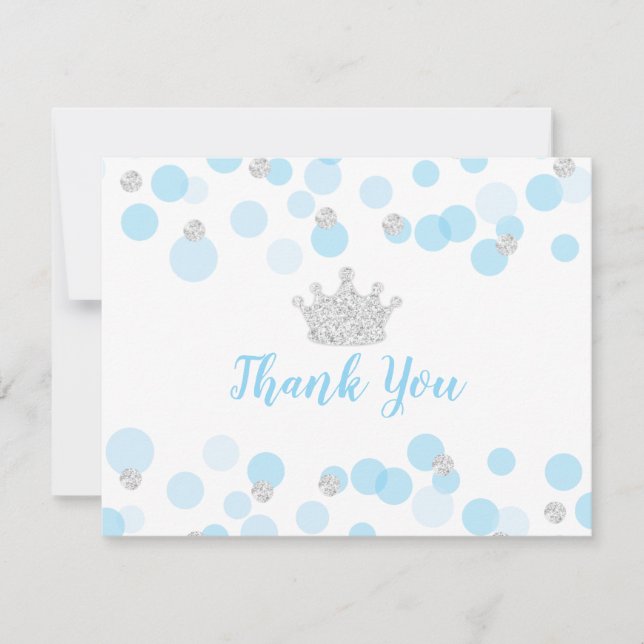 Tarjeta De Agradecimiento Prince Blue Silver Confetti Baby Shower Gracias (Anverso)