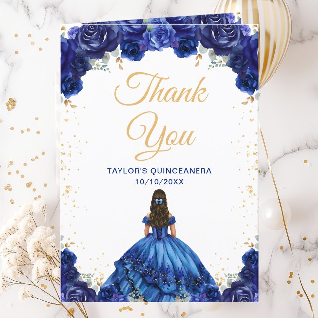 Tarjeta De Agradecimiento Princesa Azul Oscura Floral Quinceañera (Subido por el creador)