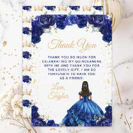 Tarjeta De Agradecimiento Princesa Azul Oscura Floral Quinceañera