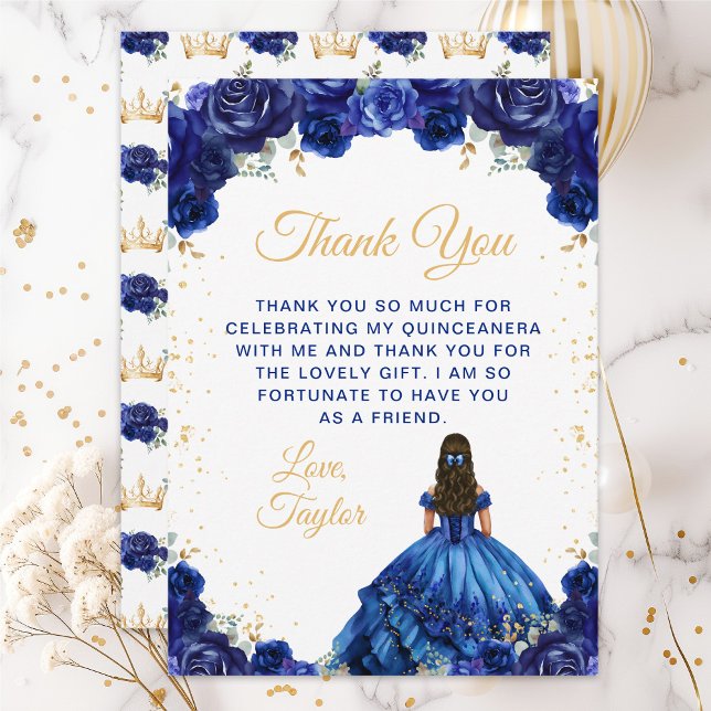 Tarjeta De Agradecimiento Princesa Azul Oscura Floral Quinceañera (Subido por el creador)